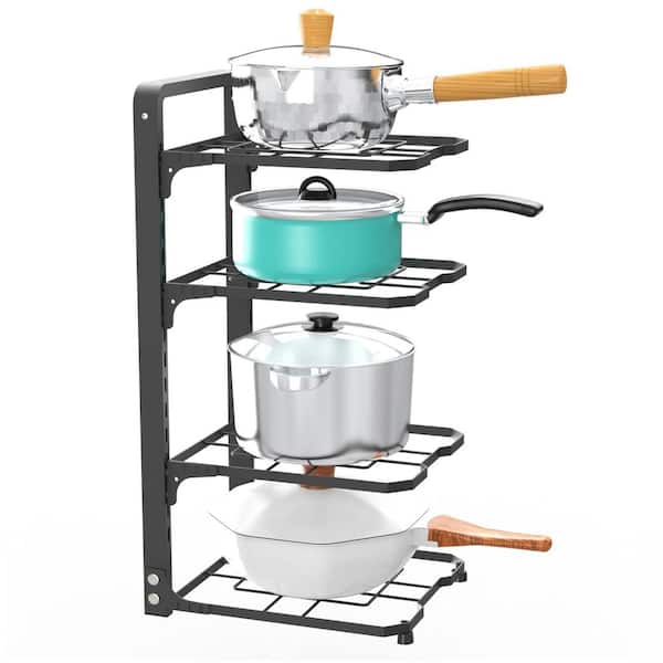 Black Carbon Steel Standing Pot Rack with 4 Adjustable Tiers, Pan Organizer, Kitchen Cabinet Organizer