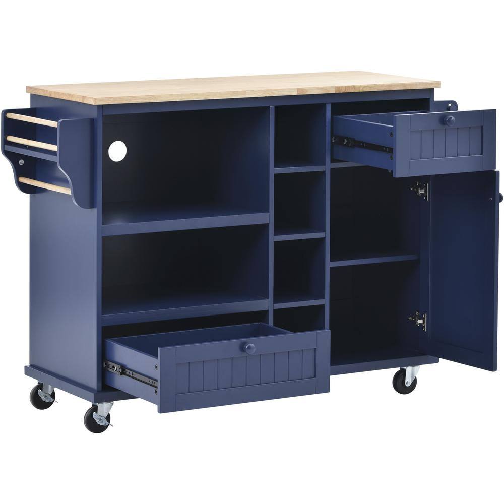 Dark Blue Wood Kitchen Cart with Spice Rack and Storage