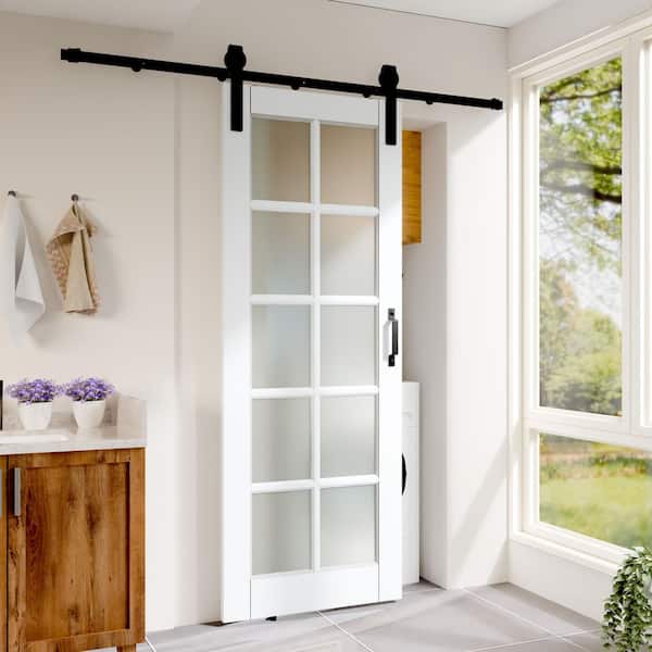30 in. x 80 in. 10-Lite Frosted Glass Solid Core White Primed Pine Wood Barn Door Slab with Hardware Kit Set