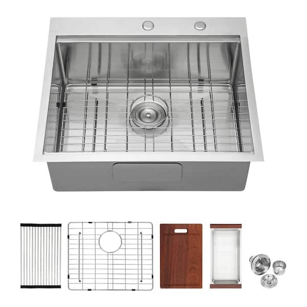 Unbranded Brushed Nickel Stainless Steel Sink 25 in. x 22 in. Single Bowl Drop-In Undermount Kitchen Sink with Bottom Grid