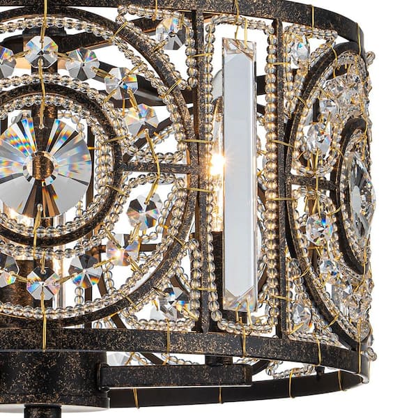 11.9 in. 3-Light Antique Rust Semi-Flush Mount Farmhouse Vintage Drum Ceiling Light with Crystal Accent for Foyer
