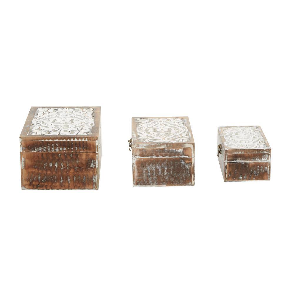 Handmade Brown Mango Wood Floral Decorative Box Set with Hinged Lid