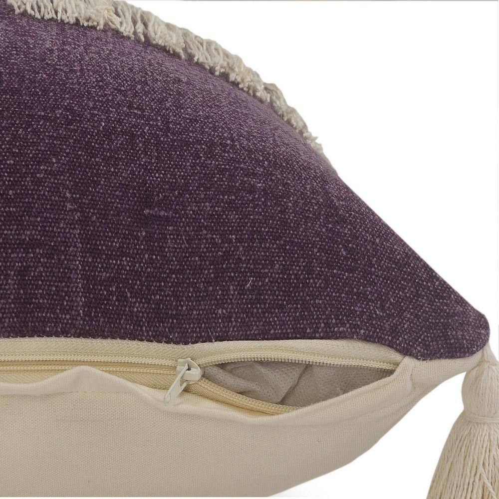 Purple and Off-White Cotton Fringe Lumbar Pillow, 14" x 36"