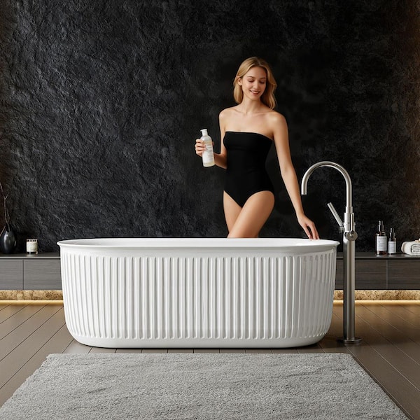 59 in. x 28.4 in. Freestanding Acrylic Soaking Bathtub in White/Polished Chrome with Stripe Design