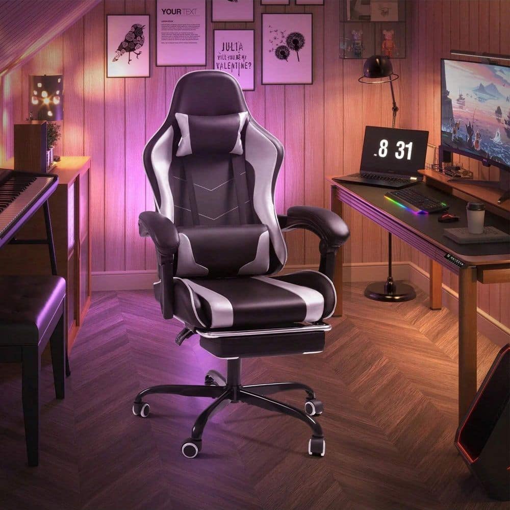 Polyurethane Height Adjustable Footrest Massage Lumbar Support Ergonomic Gaming Chair in White with Adjustable Arms price history on PriceWatchPro