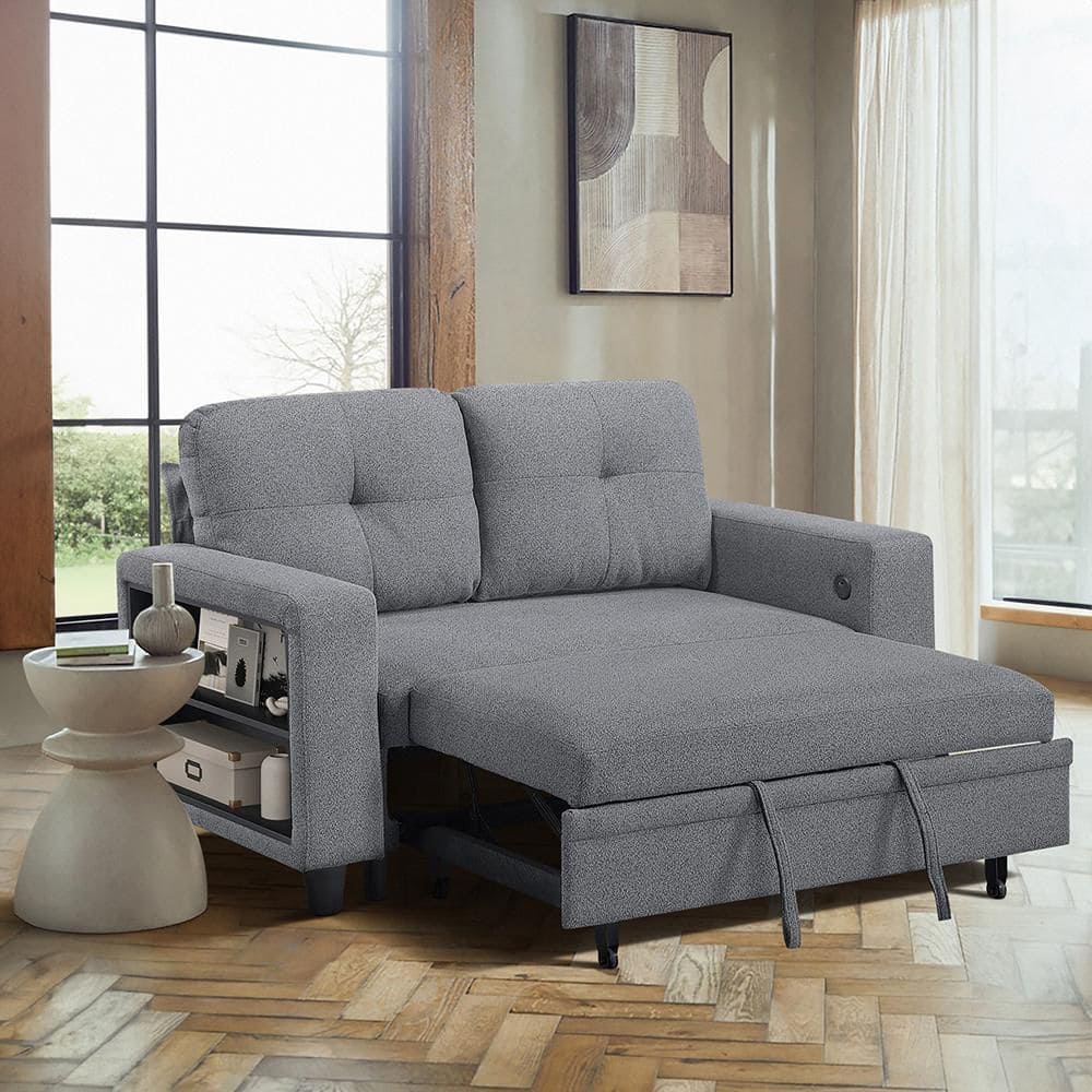 Celylon 56.5 in W Gray Armless Boucle Fabric 2-Seater Loveseat with Pull-Out Bed, Shelves and Charging Ports