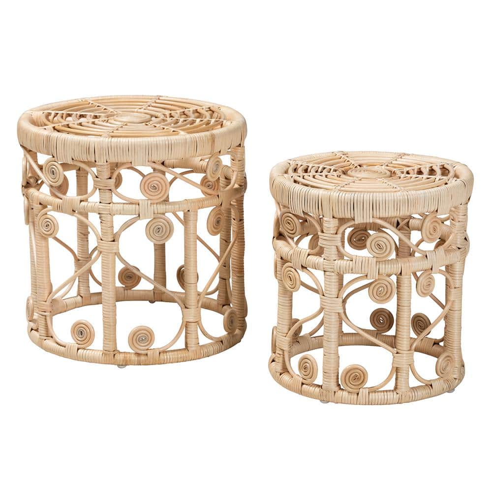 Natural Brown Rattan Round Bohemian 2-Piece Nesting Tables