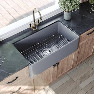 Gray Fireclay 33 in. L Rectangular Single Bowl Farmhouse Apron Kitchen Sink with Bottom Grid and Basket Strainer
