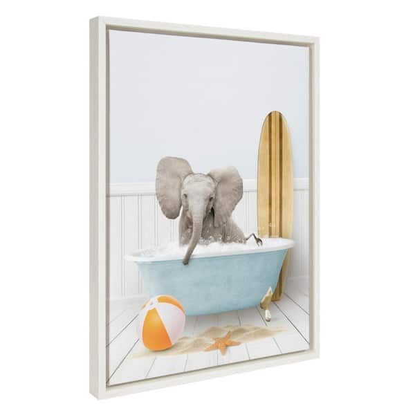 Kate and Laurel Sylvie Baby Elephant Beach House Bath with Surfboard by Amy Peterson White Framed Art Print 18 in. x 24 in.