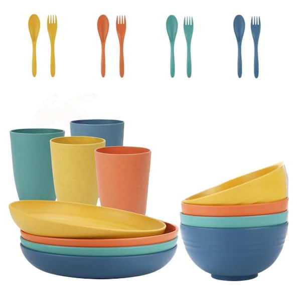 20-Piece Unbreakable Wheat Straw Plates and Bowls Set for Camping, Party, Picnic, Multicolor (Service for 4)