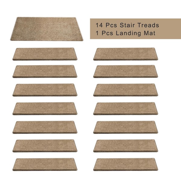 Camel 9.5 in. x 30 in. x 1.2 in. Bullnose Polypropylene Non-slip Carpet Stair Tread Cover With Landing Mat (Set of 15)