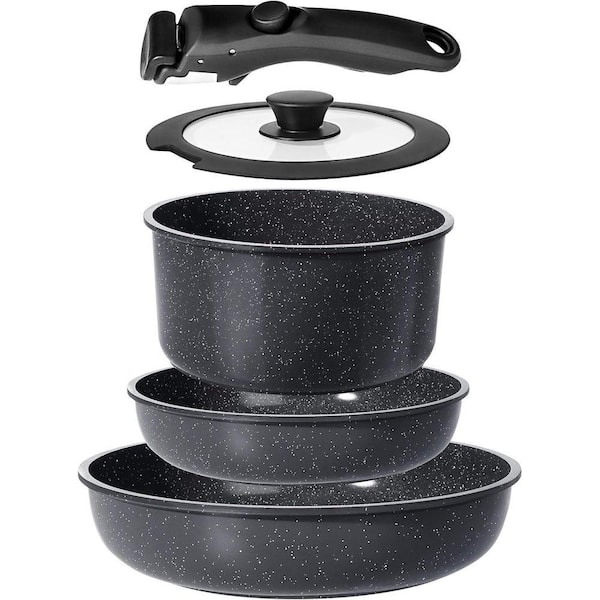 5-Piece Aluminum Nonstick Cookware Set with Removable Handle, Healthy Non Toxic Pots and Pans, Induction Safe