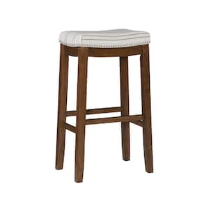 Concord 32.25 in. Seat Height Natural Brown Backless Wood Frame Barstool with Striped Fabric Seat