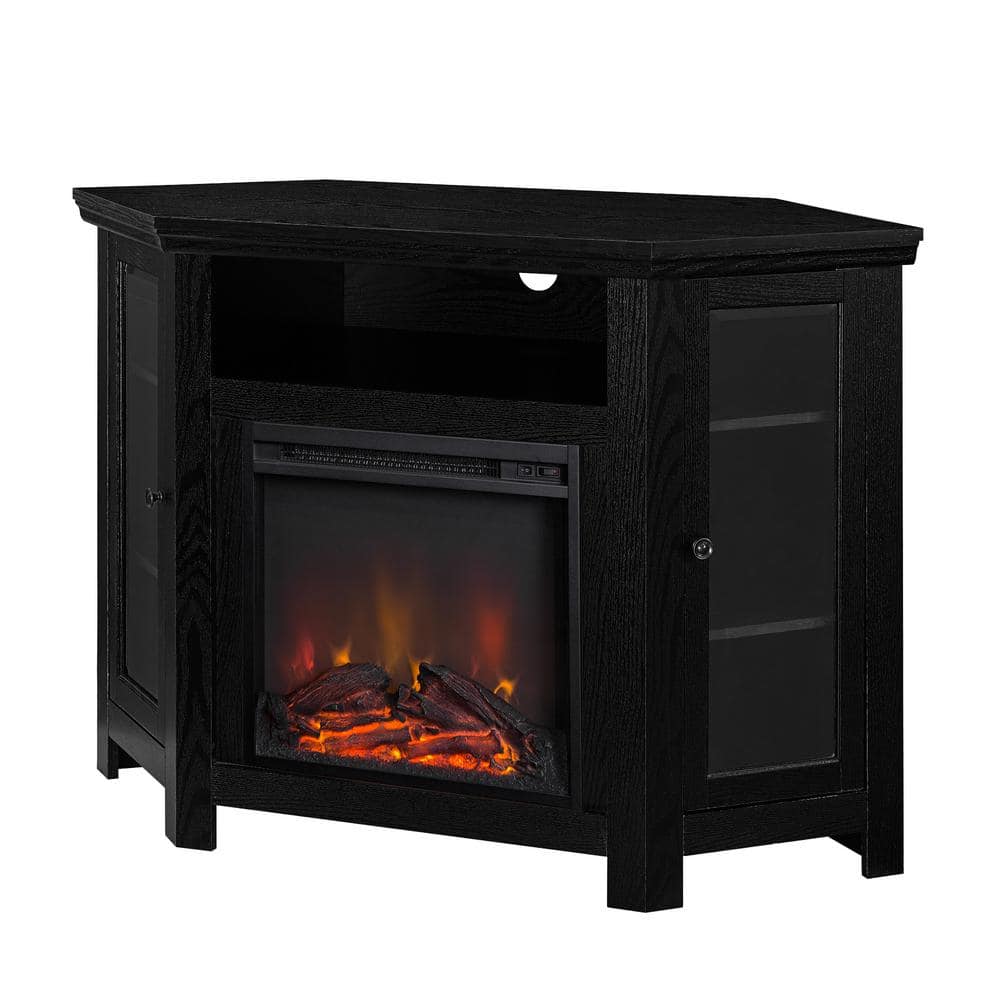 Black Corner TV Stand with Electric Fireplace and Cabinet