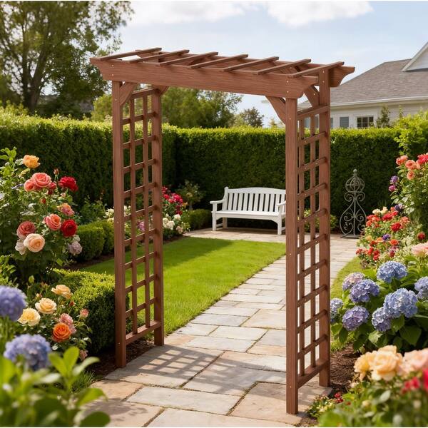 85.5 in. x 63 in. Brown Solid Wood Outdoor Arbor for Christmas Decor ...