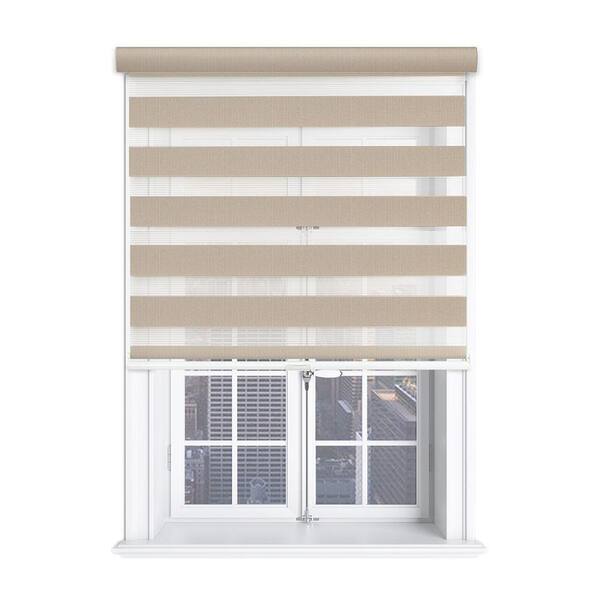 null Modern Free Stop Taupe Cordless Light Filtering Polyester Banded Shade with Cassette Valance 27 in. W x 72 in. L