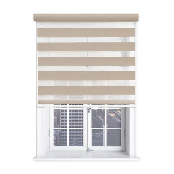 null Modern Free Stop Taupe Cordless Light Filtering Polyester Zebra Roller Shade with Cassette Valance 33 in. W x 72 in. L