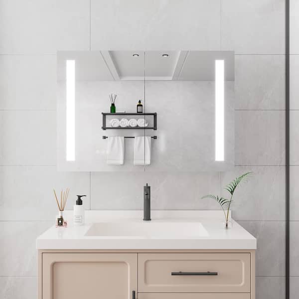 Bnuina 36 in. W x 24 in. H Rectangular Aluminum LED Dimmable Medicine Cabinet with Mirror and Defogger