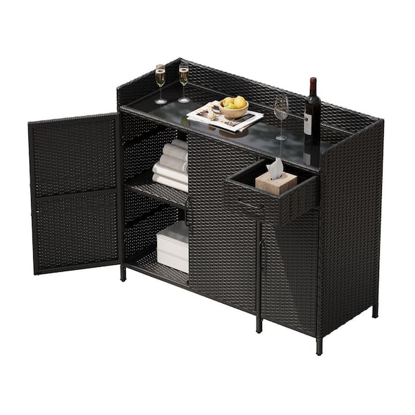 47.50 in. W x 15.80 in. D x 39.50 in. H Black Brown Wicker Outdoor Storage Cabinet Bar Table with Adjustable Shelf
