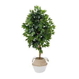 54 in. Green Artificial Ficus Tree with Double Trunk in Handmade Cotton and Jute Basket DIY Kit