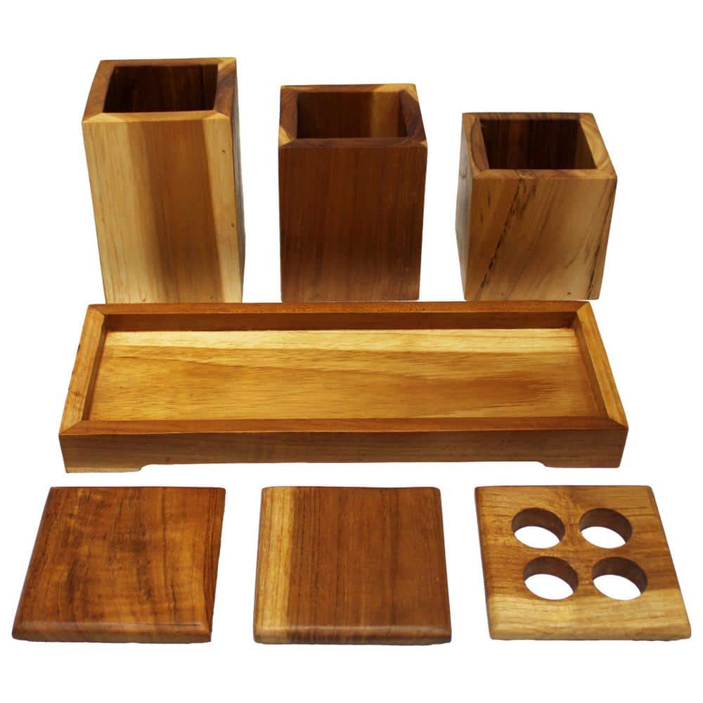 Eleganto 3-Piece Teak Wood Bathroom Amenities Set with Tray in EarthyTeak F