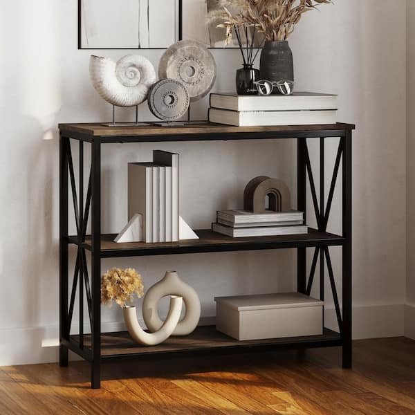 Lavish Home 31.25 in. Brown Wood 3-Shelf Etagere Bookcase with Steel Frame