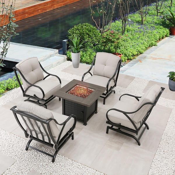 Patio Festival 5-Piece Metal Patio Fire Pit Seating Set with Beige Cushions