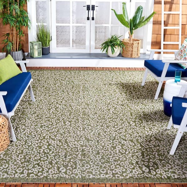 Courtyard Dark Green/Beige 8 ft. x 11 ft. Border Cheetah Indoor/Outdoor Area Rug