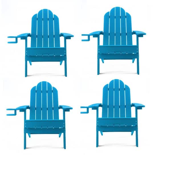 LUE BONA Blue Miranda Folding Recycled Plastic Outdoor Patio Adirondack Chair With Cup Holder for Firepit/Pool (Set of 4)