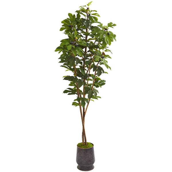 Nearly Natural 88 in. Fig Artificial Tree in Ribbed Metal Planter