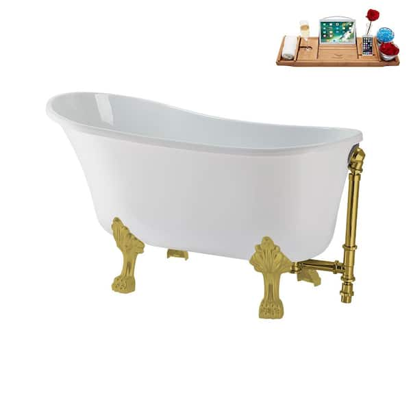 Dover 54 in. Heavy Duty Acrylic Slipper Clawfoot Bath Tub in White Faucet,  Claw Feet, Drain & Overflow in Polished Gold