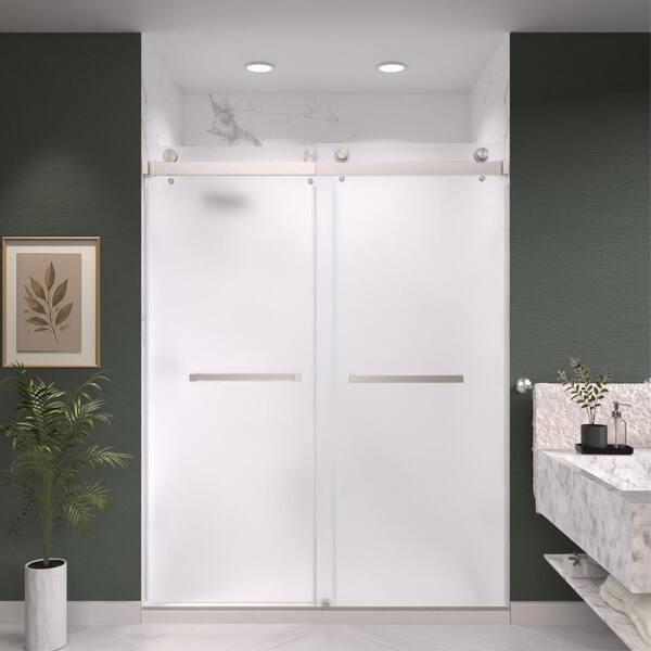 CatalystAE 45 to 48 in. W x 76 in. H Double Sliding Frameless Shower Door in Brushed Nickel with 3/8 in. Obscure Glass