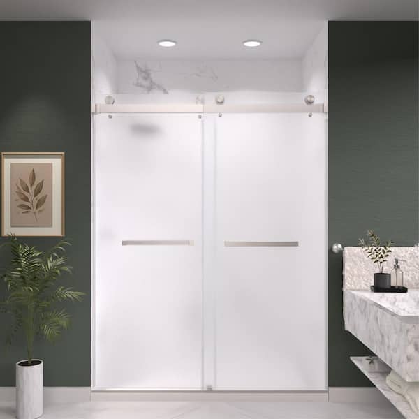 Catalyst 60 in. W x 76 in. H Double Sliding Frameless Shower Door in Brushed Nickel with 3/8 in. Obscure Glass