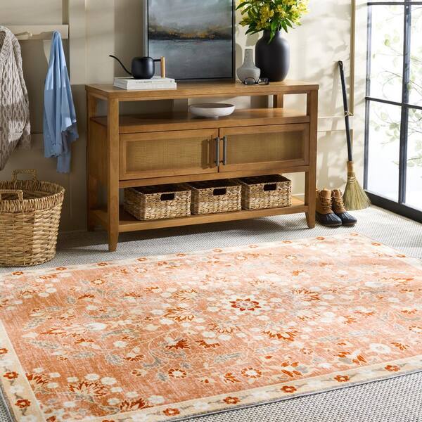 Martha Stewart Washable Rust/Beige 6 ft. x 6 ft. Machine Washable Abstract Floral Square Area Rug