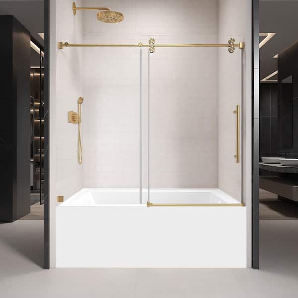 KZG 60 in. W x 66 in. H Single Sliding Frameless Tub Door in Brushed Gold with Clear 3/8 in. Glass