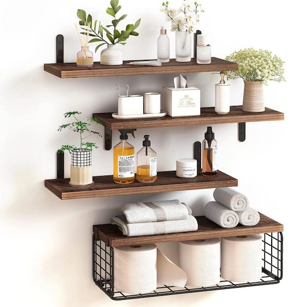 Unbranded 15.7 in. W x 5.9 in. D Paulownia Wood Floating Cantilever Shelves Dark Brown Decorative Wall Shelf (4-Piece)