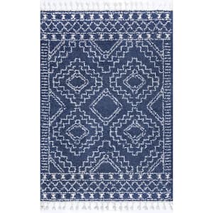 Vasiliki Moroccan Tassel Shag Blue Doormat 3 ft. x 5 ft. Oval Rug