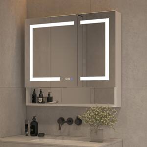 36 in. W x 32 in. H Silver Aluminum Recessed or Surface Mount Dimmable Medicine Cabinet with Mirror LED and Shelves