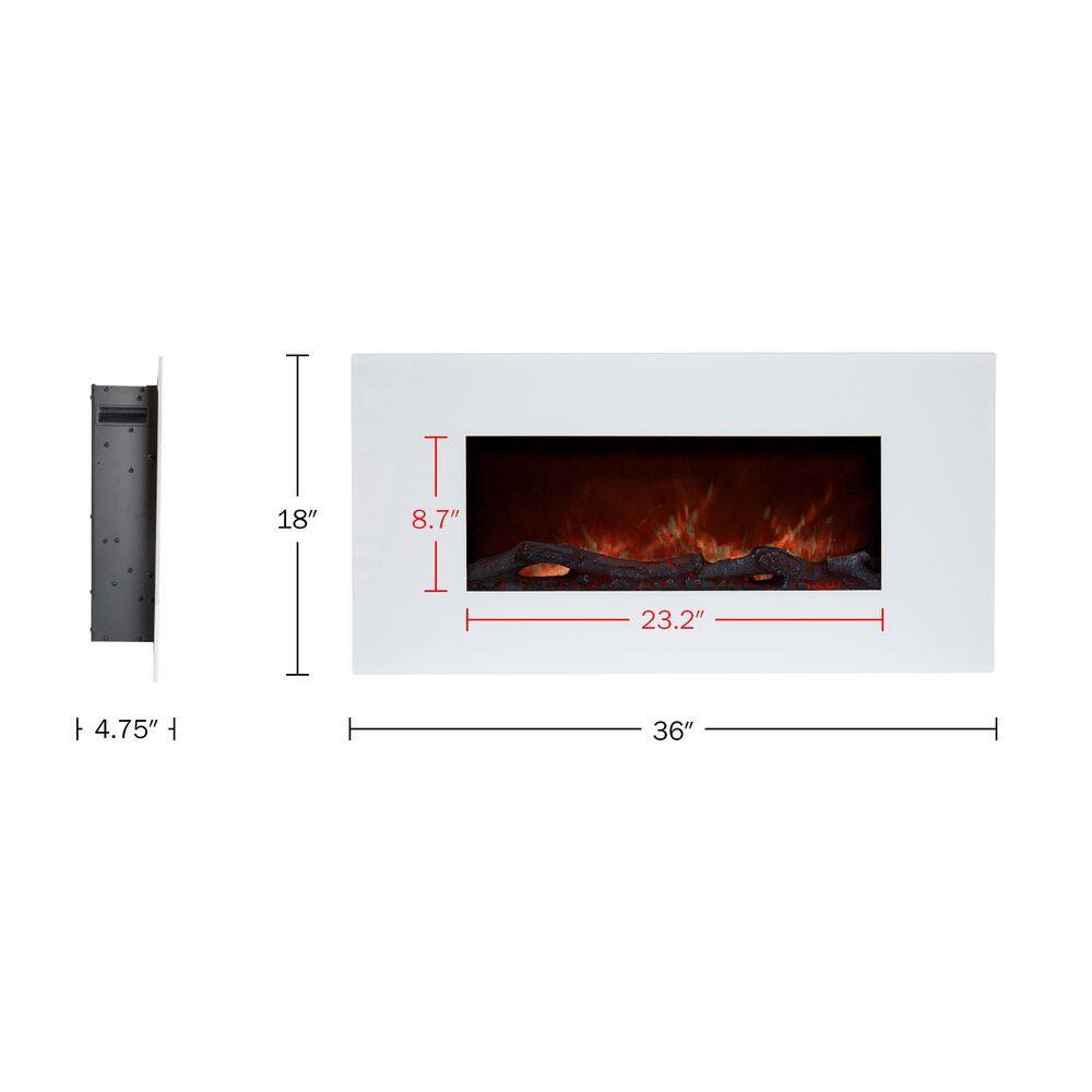 36-Inch White Wall-Mounted Electric Fireplace with LED Flames
