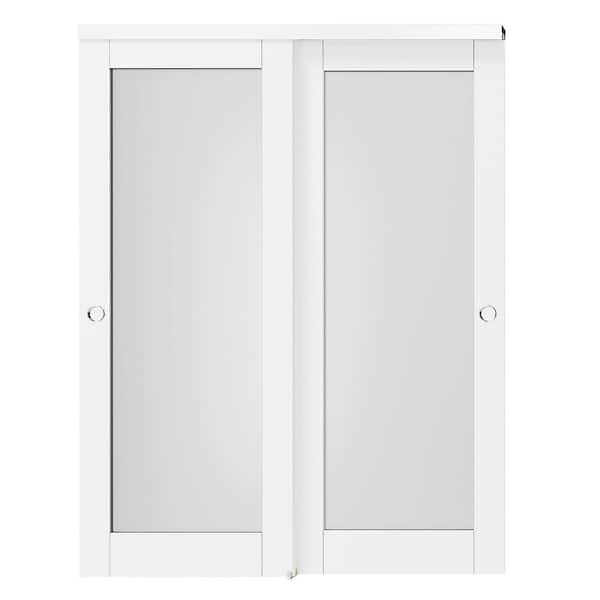 64 in. x 80 in. (Double 32 in.) White Solid Core, MDF Wood, DIY Painted Frosted Glass Interior Door with Bypass Hardware