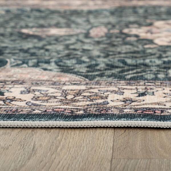 Traditional Oriental Medallion Washable Non Slip Green 2 ft. x 3 ft. Area Rug