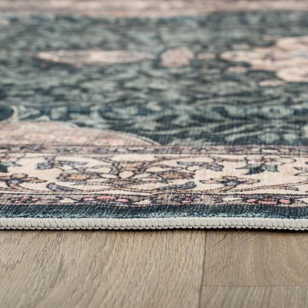 Traditional Oriental Medallion Washable Non Slip Green 5 ft. x 7 ft. Area Rug