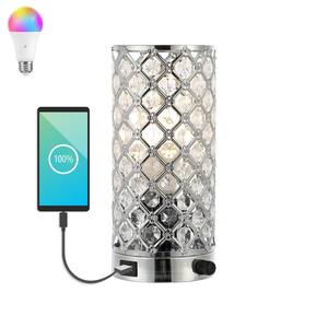 Lucie 9.5 in. Chrome/Clear Mid-Century Modern Iron LED Mini Uplight Table Lamp w/USB Charging Port & Smart Bulb