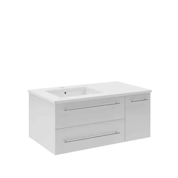 Lucera 36 in. Single Sink Wall Mount White Bath Vanity with White Quartz Top and Undermount Sink - Left Version