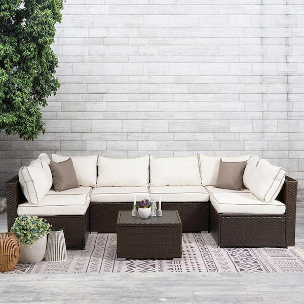 LAUREL CANYON Brown 7-Piece Wicker Sectional Seating Set with Beige Cushions Dack