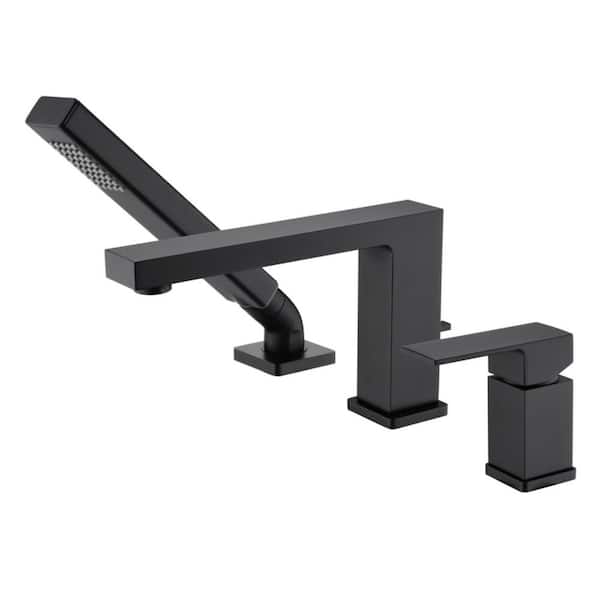 Ultra Faucets Rift Single Handle Deck-Mounted Roman Tub Faucet with Hand Shower in Matte Black