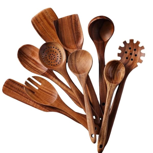 12-Pack Teak Wood Kitchen Utensils Set with Spoon Rest for Pots and Pans, Nonstick Heat Resistant Wood Cooking Utensils