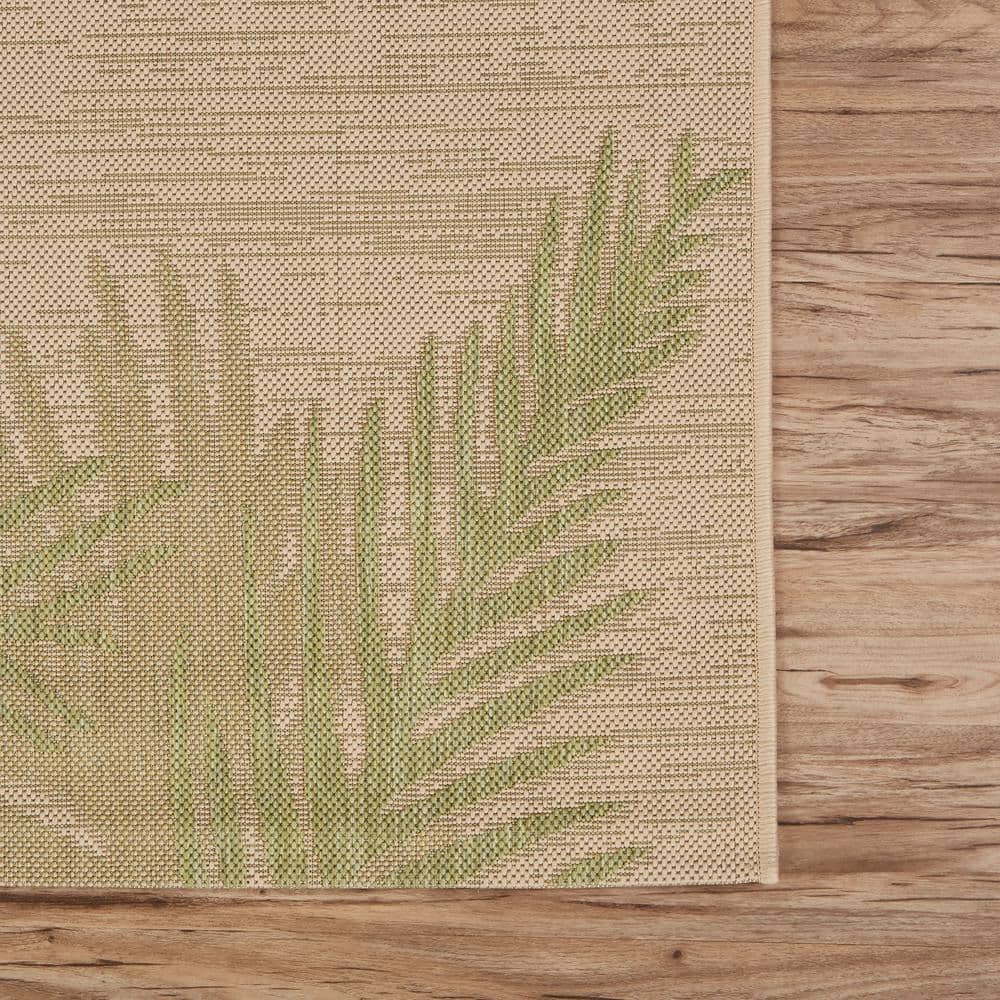 Beige and Green Tropical Palm Flat Woven Synthetic Area Rug
