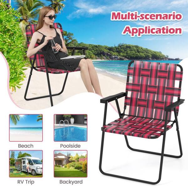 HONEY JOY Red Metal Folding Webbed Lawn Chairs, Outdoor Patio