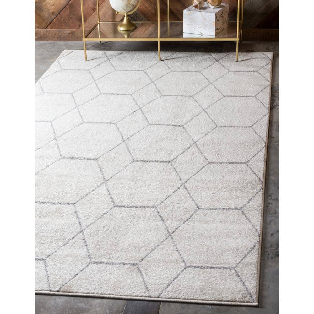 Ivory and Gray Trellis Synthetic Rectangular Area Rug